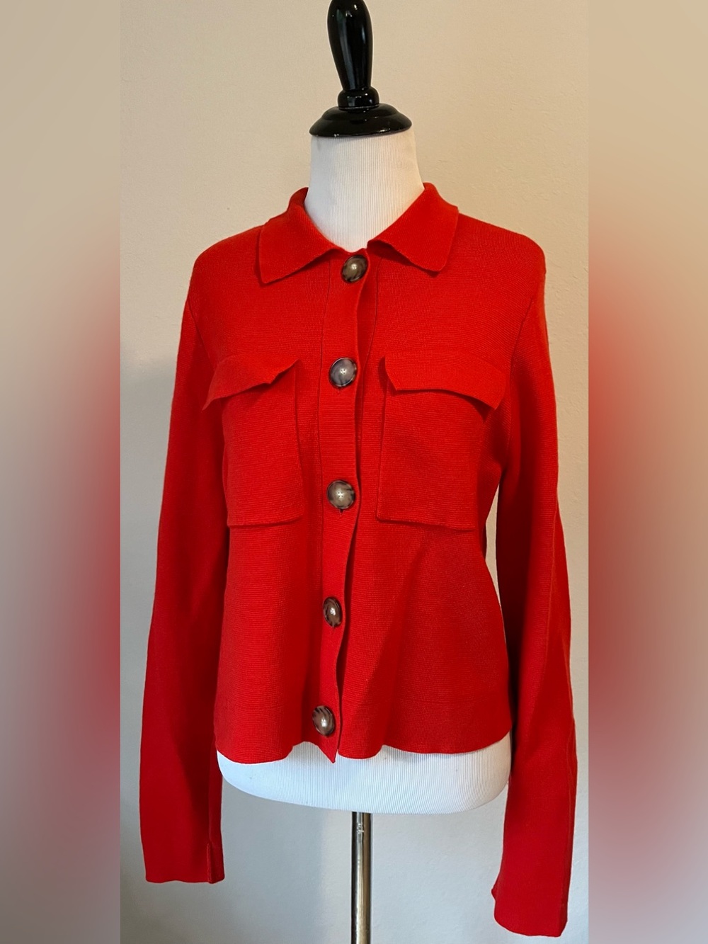 La Maille Sezane Betty Cardigan S Cherry Red Front Pockets Merino Wool Cardigan